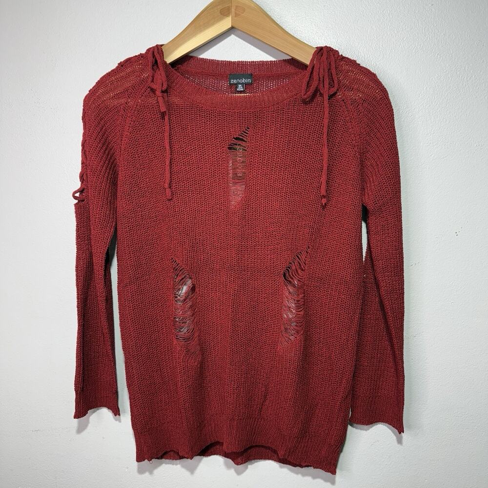 Zenobia Sweater Women’s 3XL Red Distressed Knit Lace-Up Sleeves Slashed Pullover